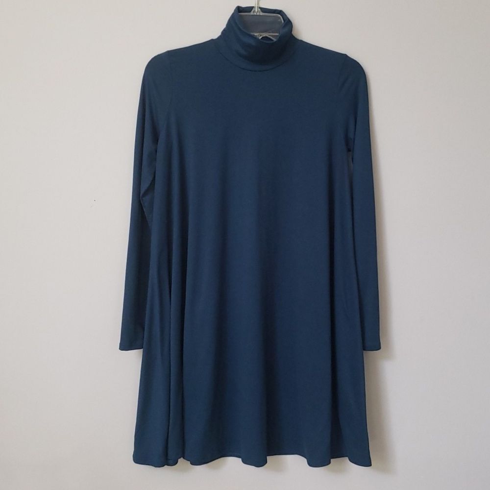Acting Pro Dress Womens sz Medium Teal Knit Cozy Turtleneck Tunic A Line - Picture 1 of 5